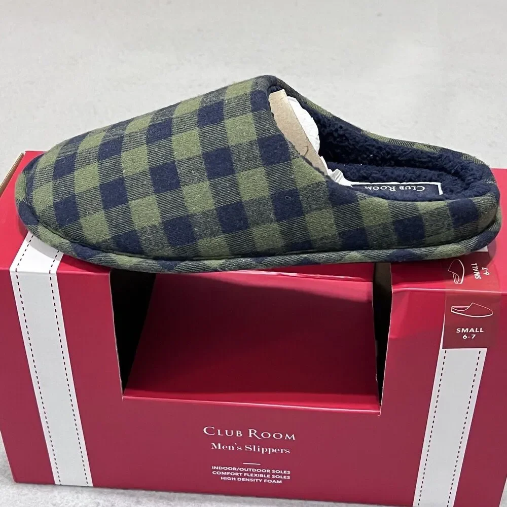 Club Room Slippers Mens Size 6-7 Green Flannel Comfort Indoor/Outdoor Shoes